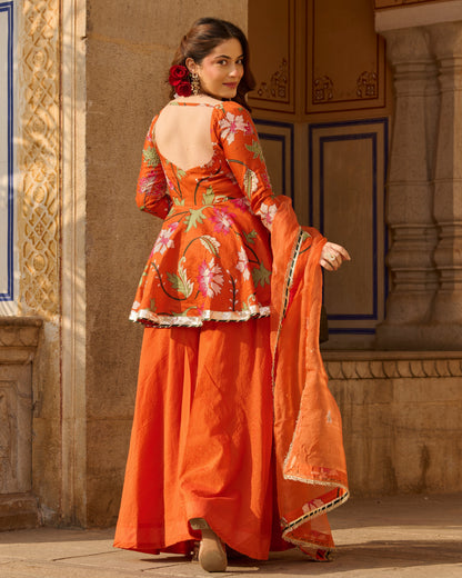 Mehar Orange Printed Chanderi Suit Set