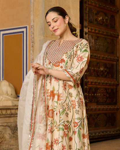 Kora Cream Printed Chanderi Suit Set