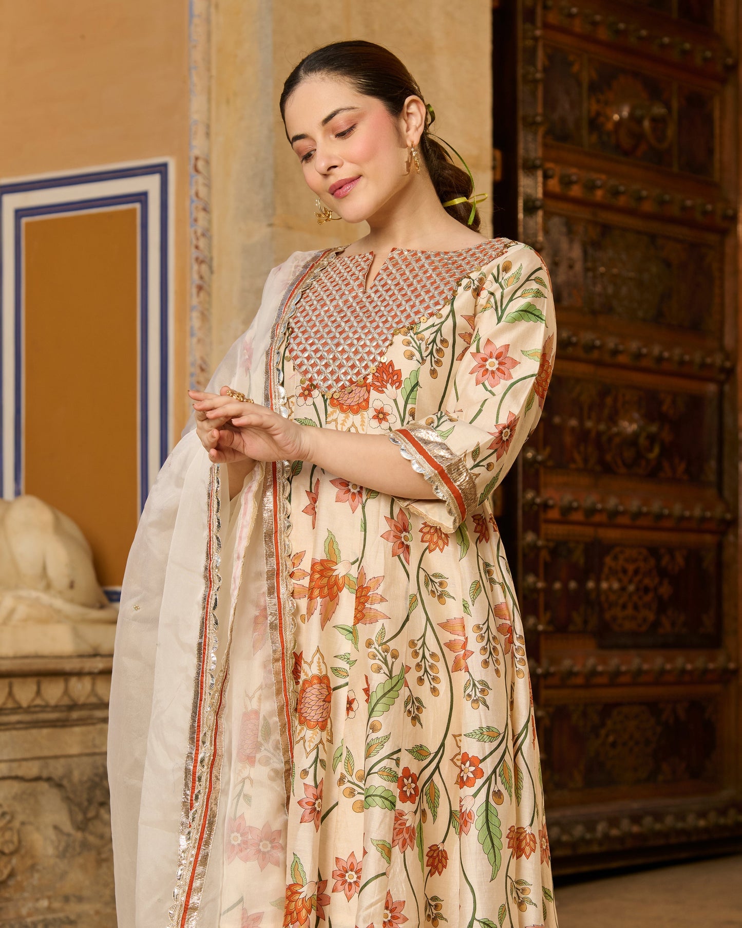 Kora Cream Printed Chanderi Suit Set