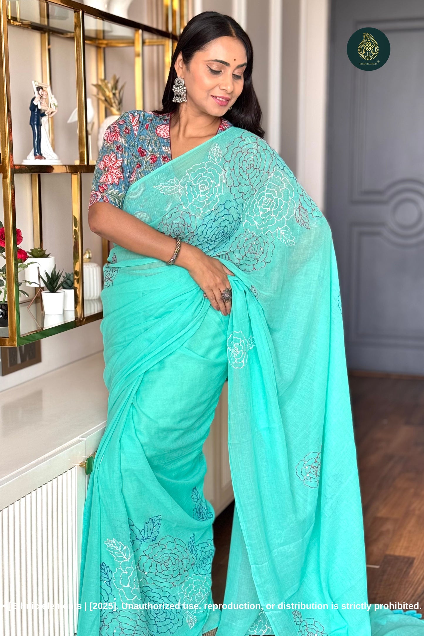 Rose Kantha Embroidered Mul Cotton Saree - Green