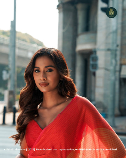 Sunset Glow Handwoven Mul Cotton Saree With Playful Checks & Tassels