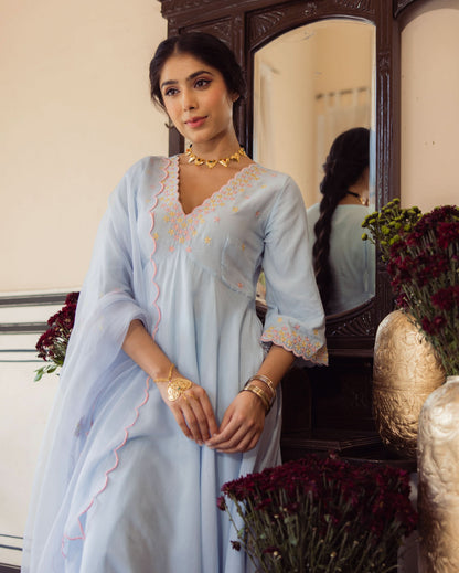 Star Blue Embroidered Cotton Suit Set