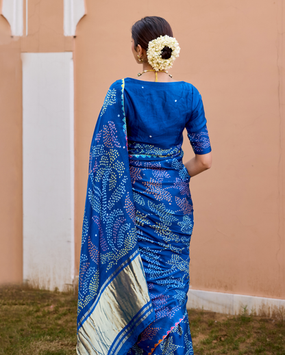 Mohini Blue Gajji Silk Bandhej Saree