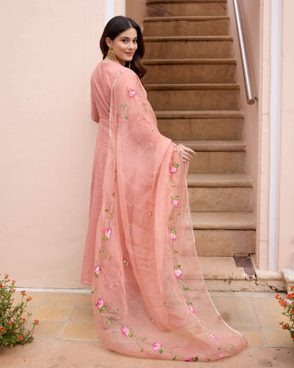 Kunda Peach Handpainted Chanderi Suit Set