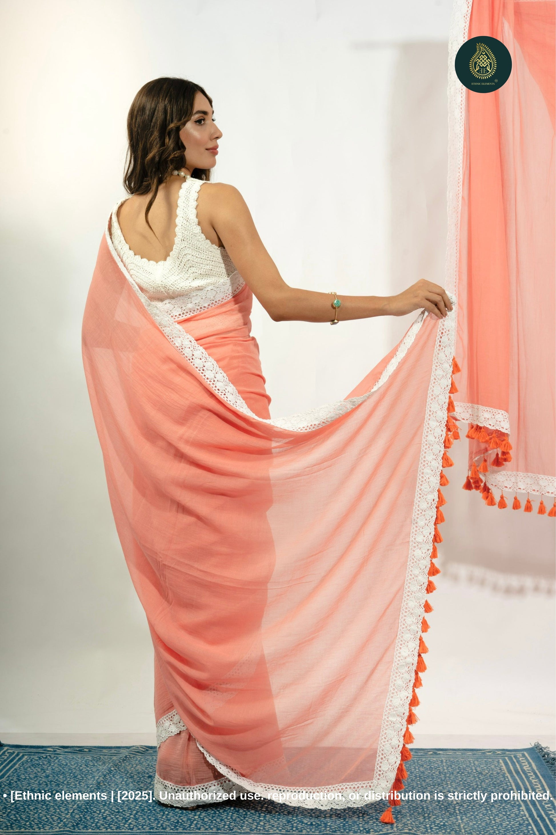Blush Sunset: Peach Mul Cotton Saree With Crochet Border