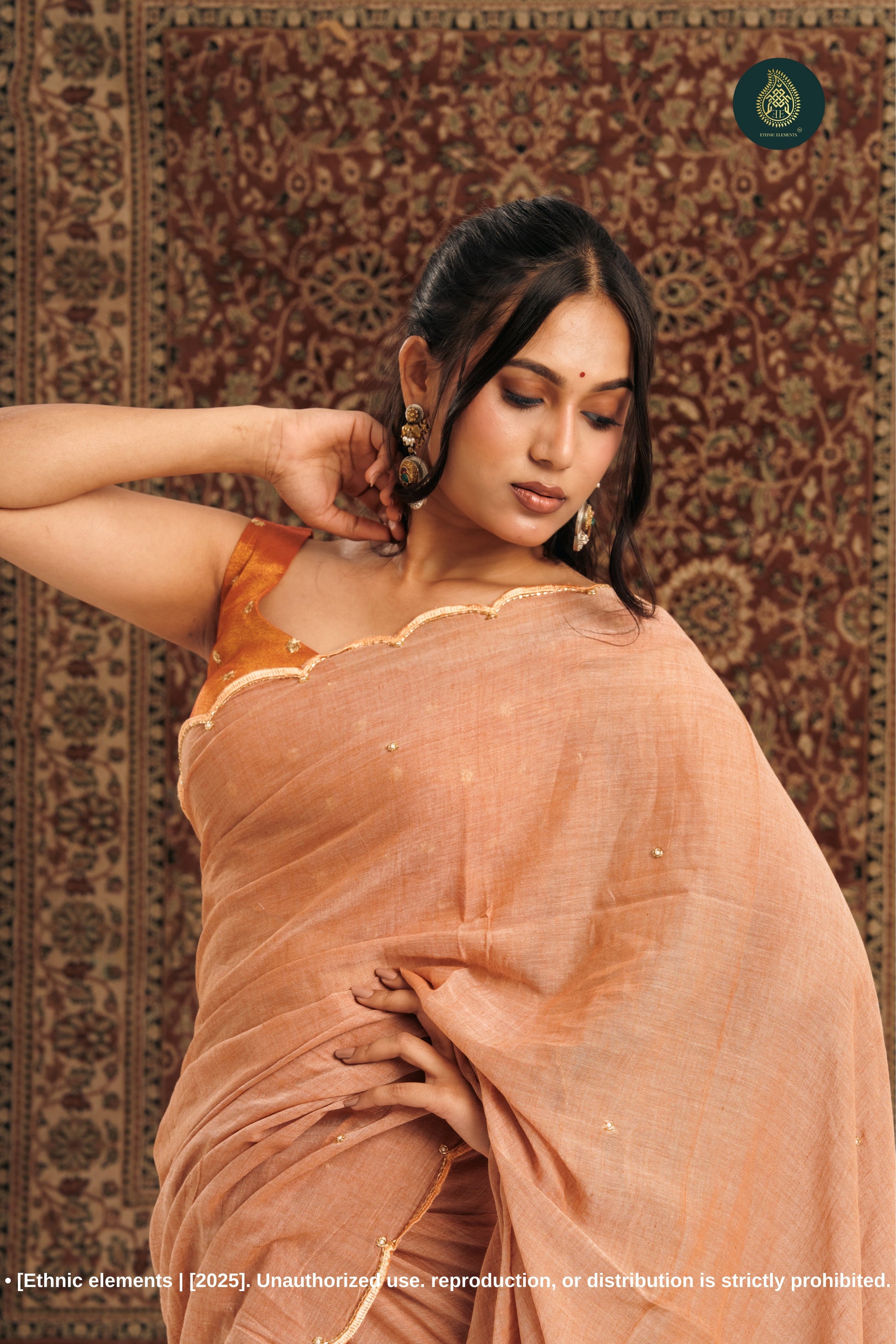 Handcrafted Zardozi & Cutdana Mul Cotton Saree - Rust Vanilla
