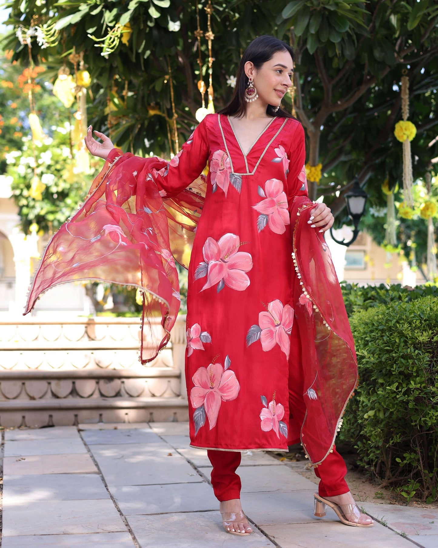 Raspberry Blush Red Handpainted Satin Suit Set