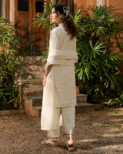 Vayu Off White Embroidered Cotton Checks Suit Set