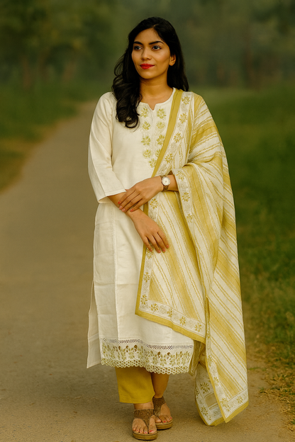 White Kurti With Green Bottom And Chiffon Dupatta For Women & Girls
