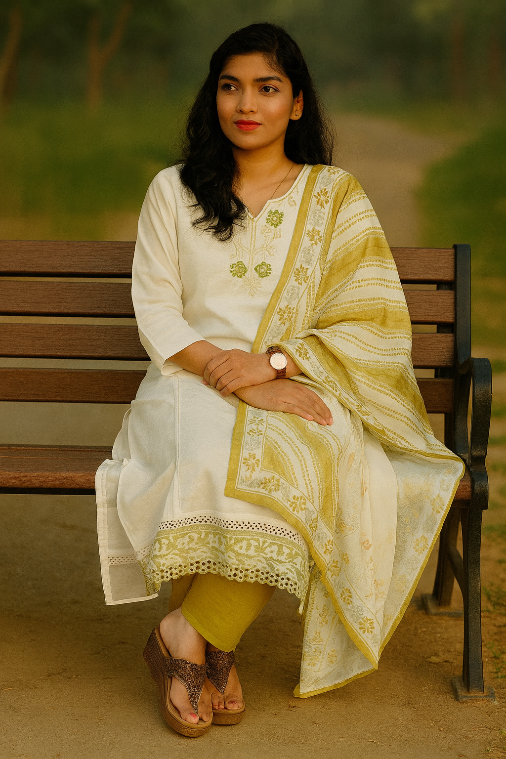 White Kurti With Green Bottom And Chiffon Dupatta For Women & Girls