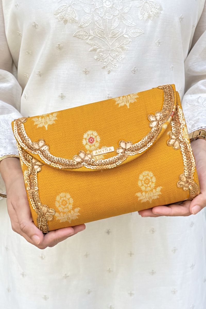 Bahaar Pure Silk Flapover Clutch - Yellow