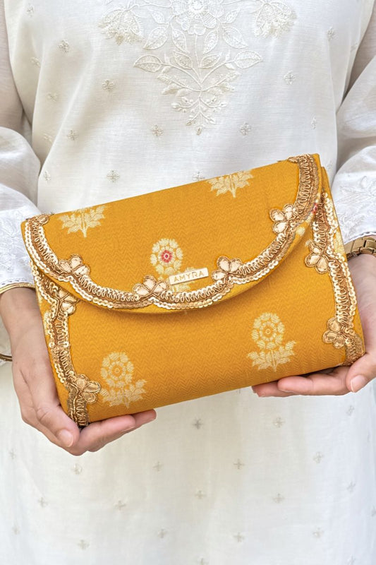 Bahaar Pure Silk Flapover Clutch - Yellow