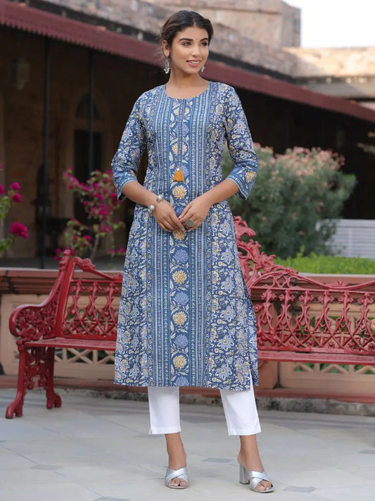 Blue Ethnic Motifs Printed Straight Kurta