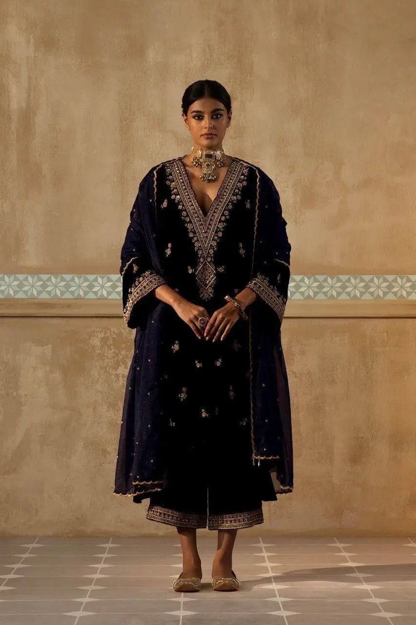 Winter Special Neck Thread Embroidery work Velvet Kurti Pant Set ( Fully Stitched) - Premium  from Ethenika.com - Just INR 2490! Shop now at Ethenika.com 