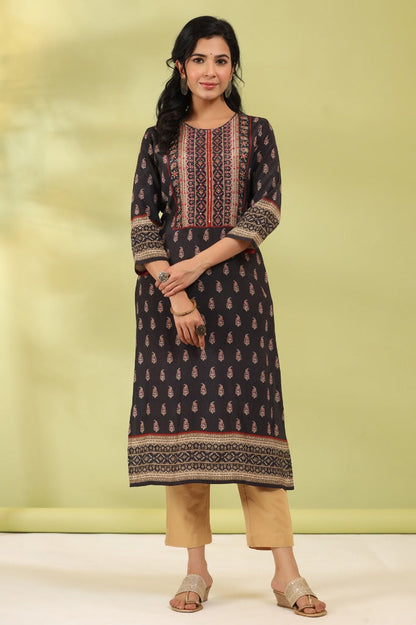 Women Black Digital Printed Mirror Work Straight Kurta