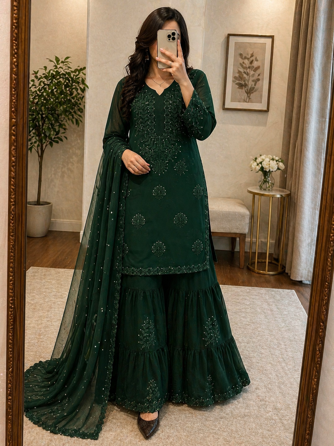 Faux Georgette Chikankari Kurti Sharara Dupatta Set