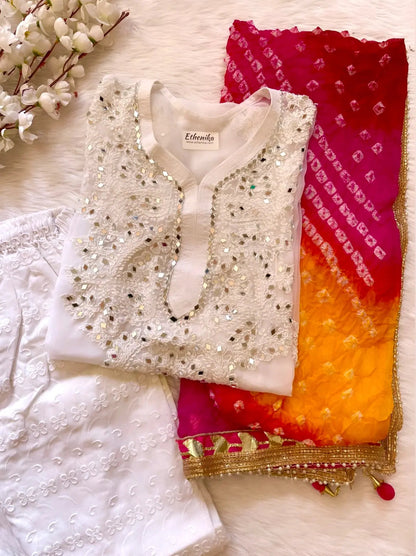 Real Mirror Work Chikankari Kurti with Pant and Bandhani Work Dupatta Set (Stitched) - Premium  from Ethenika.com - Just INR 2190! Shop now at Ethenika.com 
