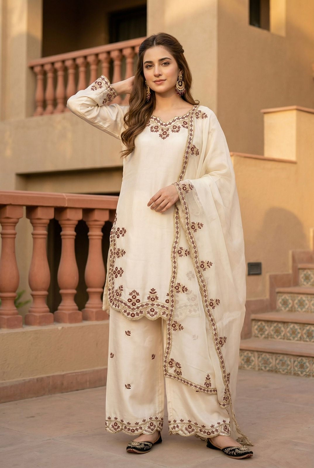 Sequence Designer Embroidery Work 3 Pc Kurta Palazzo Dupatta Set