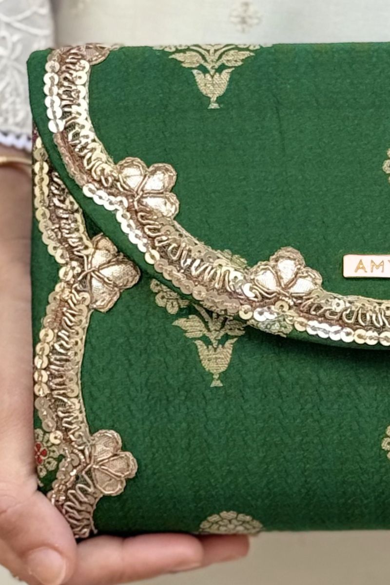 Bahaar Pure Silk Flapover Clutch - Green