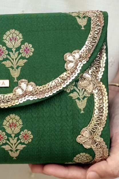 Bahaar Pure Silk Flapover Clutch - Green