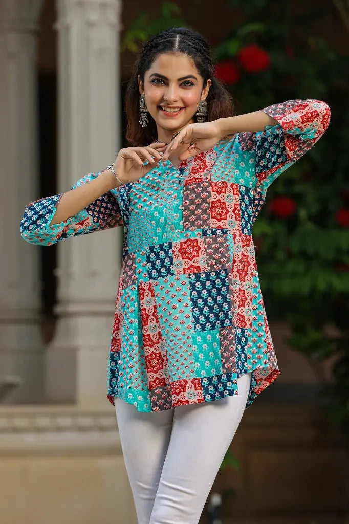 Women Blue Printed A-line Top