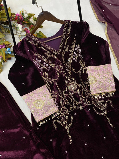 Winter Special Embroidery kodi work Velvet Kurti Pant Dupatta Set - Premium  from Ethenika.com  - Just INR 3290! Shop now at Ethenika.com 