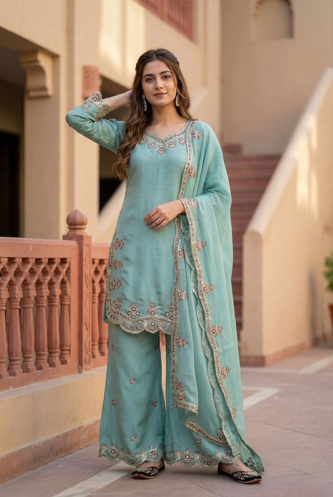 Sequence Designer Embroidery Work 3 Pc Kurta Palazzo Dupatta Set