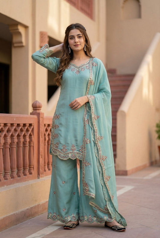Sequence Designer Embroidery Work 3 Pc Kurta Palazzo Dupatta Set