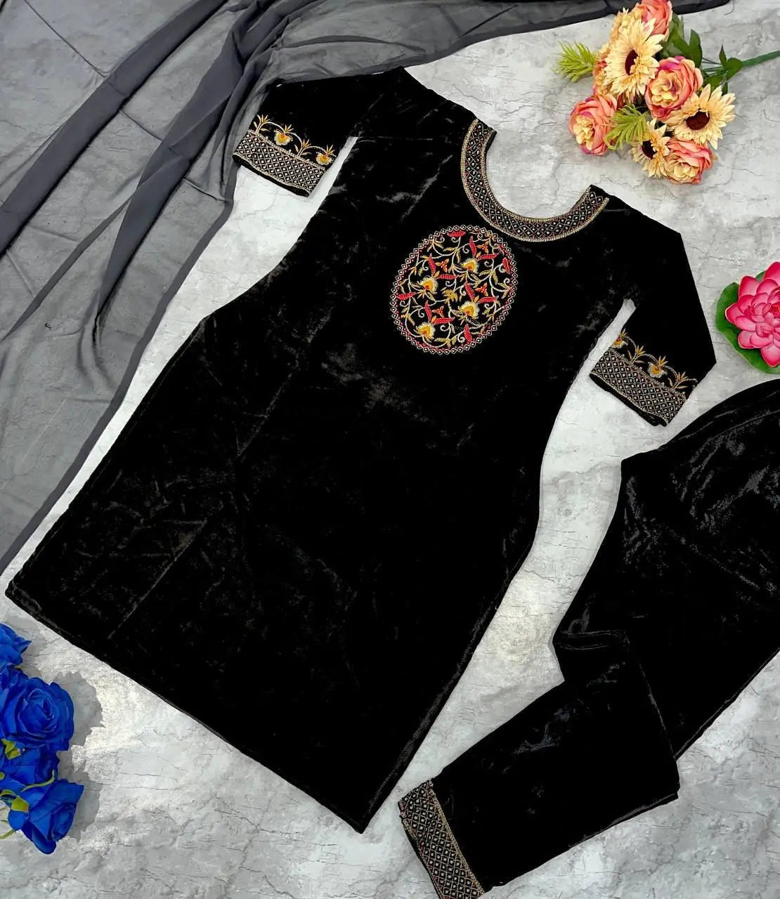 Winter Special Designer Black Velvet Kurti Pant Dupatta Set - Premium  from Ethenika.com  - Just INR 2590! Shop now at Ethenika.com 