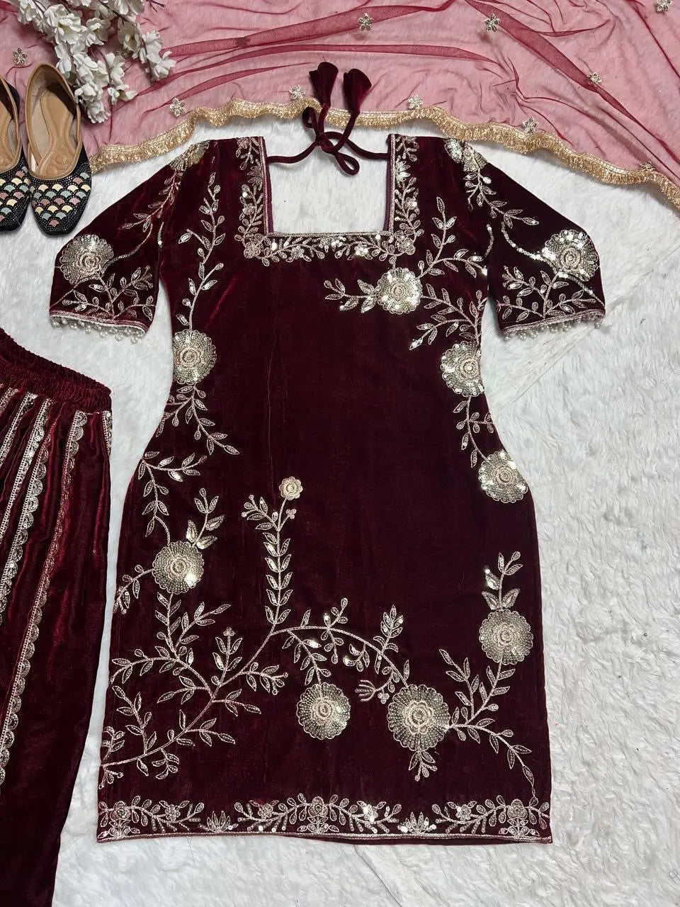 Pure Viscos Heavy Velvet Embroidery Work Velvet Kurti Sharara Set - Premium  from Ethenika.com  - Just INR 4590! Shop now at Ethenika.com 