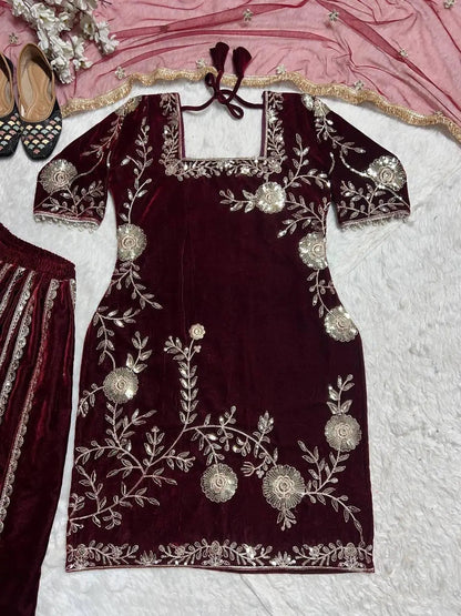 Pure Viscos Heavy Velvet Embroidery Work Velvet Kurti Sharara Set - Premium  from Ethenika.com  - Just INR 4590! Shop now at Ethenika.com 