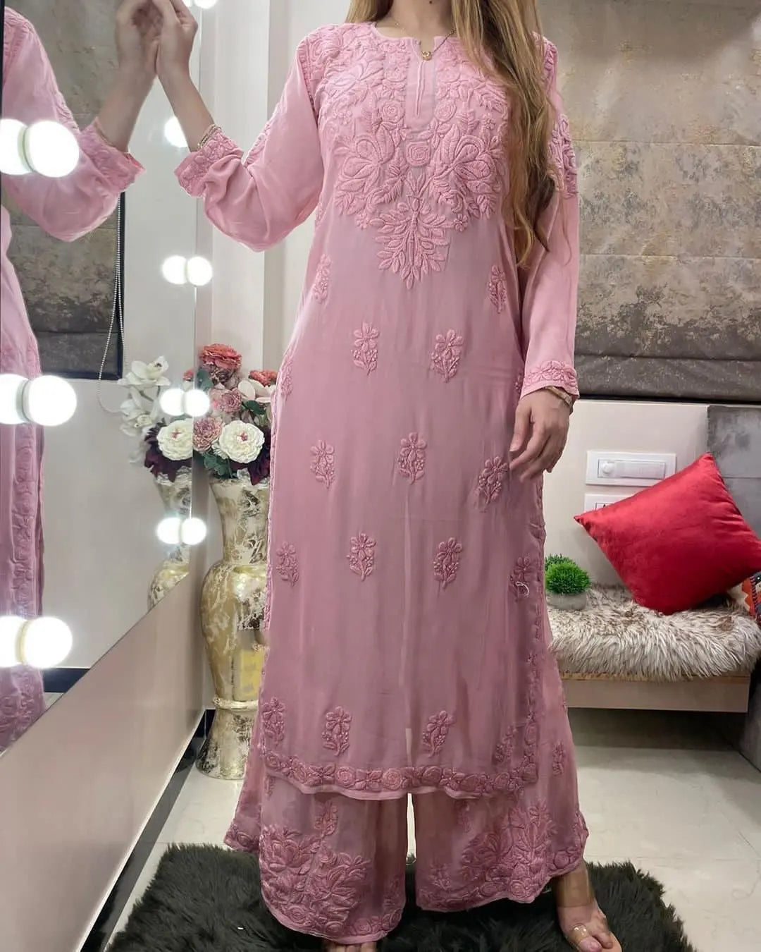Rayon Chain Stitch Thread work Kurti Palazzo - Premium  from Ethenika.com - Just INR 1790! Shop now at Ethenika.com 