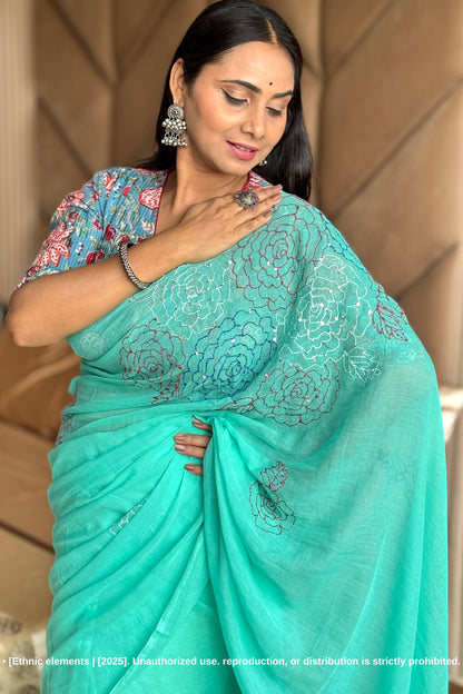 Rose Kantha Embroidered Mul Cotton Saree - Green