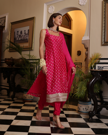 Nira Pink Bandhani Silk Kurta Set