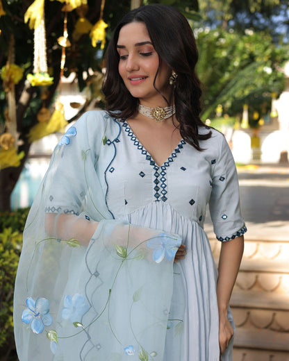 Blue Blossom Handpainted Cotton Silk Suit Set