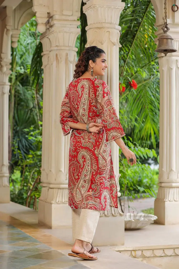 Red Paisley cotton A-line Kurta