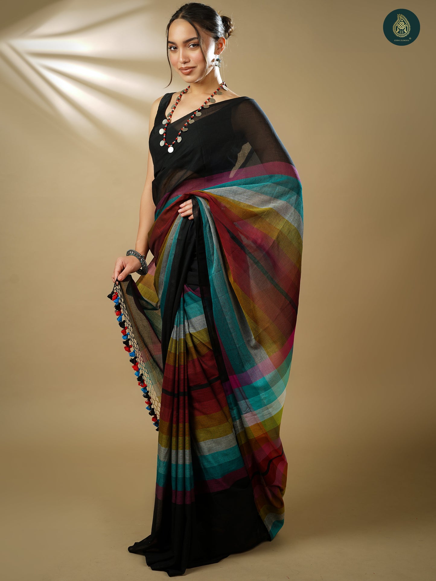 Woven Handloom Cotton Saree Rainbow Series - Black Magic
