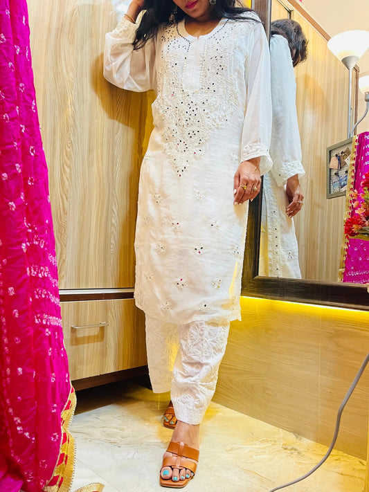 Mirror work Chikankari Kurti with Bandhani Dupatta Pant Set - Premium  from Ethenika.com - Just INR 2490! Shop now at Ethenika.com 