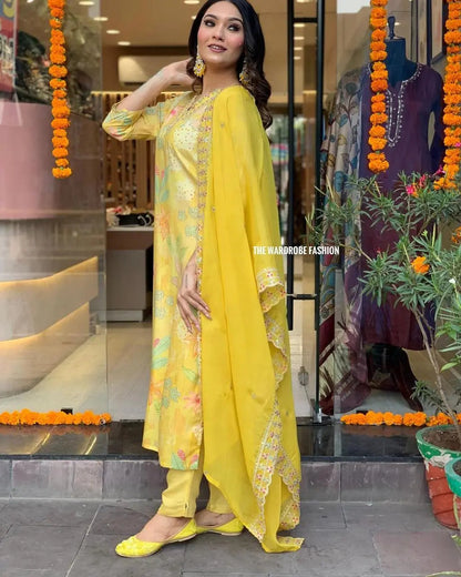 Muslin Silk digital Print with Embroidery work Kurti Pant Dupatta Set - Premium  from Ethenika.com  - Just INR 2790! Shop now at Ethenika.com 