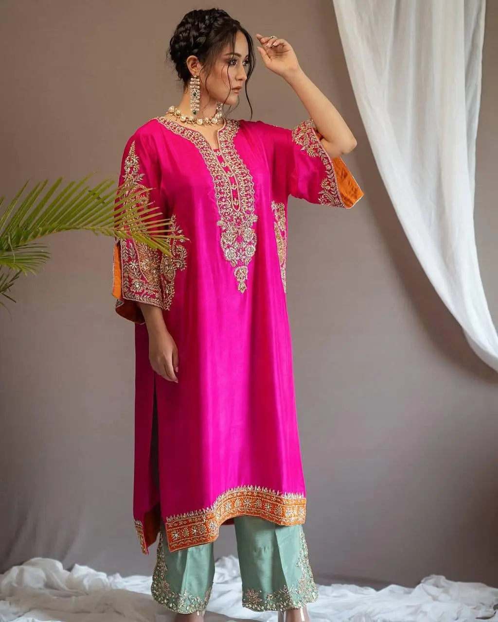 Heavy Chinon Sequence Embroidery work Kurti Palazzo Set (Stitched) - Premium  from Ethenika.com  - Just INR 2990! Shop now at Ethenika.com 