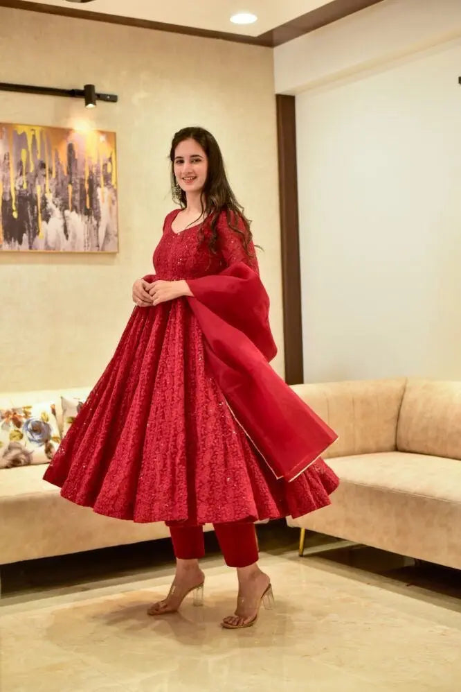 Georgette Chikankari Work Red Anarkali Dress - Premium  from Ethenika.com - Just INR 1990! Shop now at Ethenika.com 