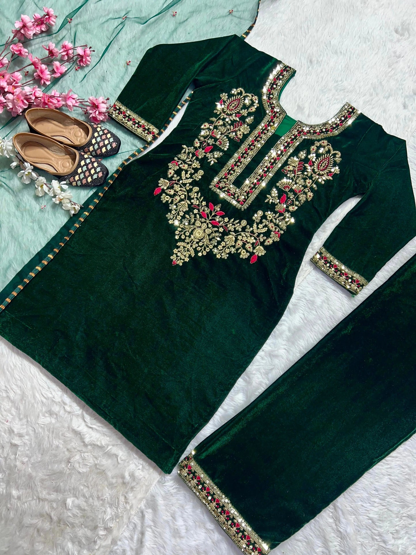 Neck Embroidery Work Winter Wear Velvet Kurti Pant Dupatta Set - Premium  from Ethenika.com  - Just INR 2590! Shop now at Ethenika.com 