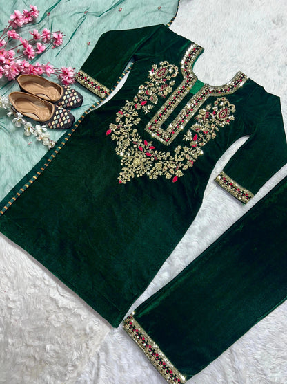 Neck Embroidery Work Winter Wear Velvet Kurti Pant Dupatta Set - Premium  from Ethenika.com  - Just INR 2590! Shop now at Ethenika.com 