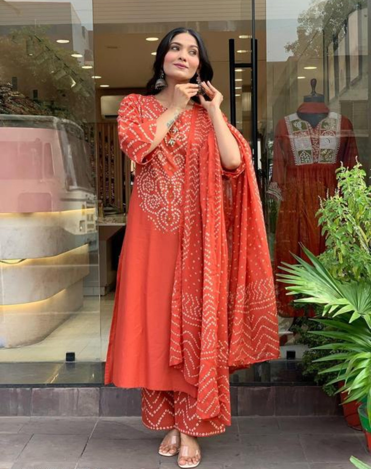 Ethenika Trending Mirror Work Bandhani 3Pc Kurti Pant Dupatta Set