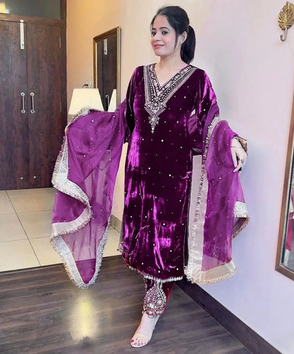 Winter Velvet Embroided Kurti Pant Dupatta Set - Premium  from Ethenika.com - Just INR 2590! Shop now at Ethenika.com 