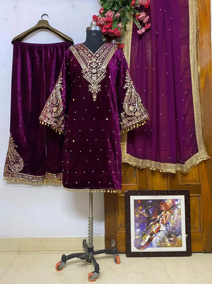 Winter Velvet Embroided Kurti Pant Dupatta Set - Premium  from Ethenika.com - Just INR 2590! Shop now at Ethenika.com 