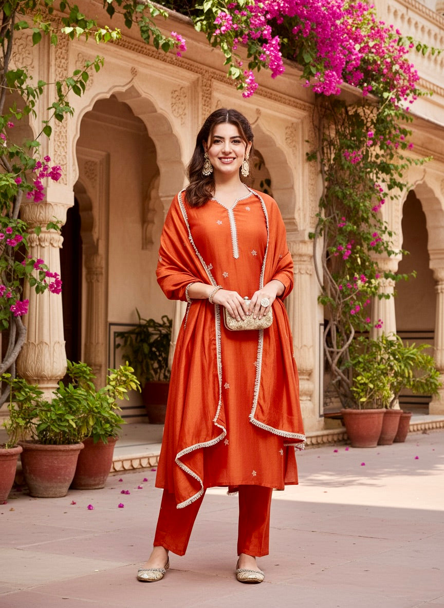 Orange Embroidered Silk Kurta with Dupatta Set | silk kurta set for women | frontside view