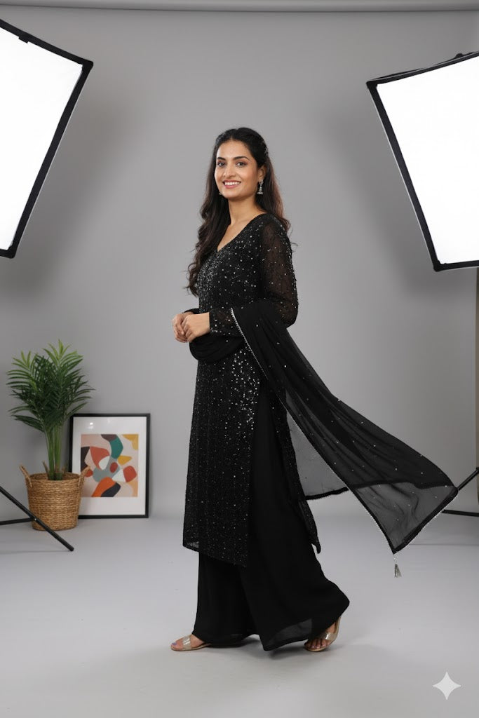Black Celestial Shine 2-Piece Organza Embroidered Suit For Women & Girls