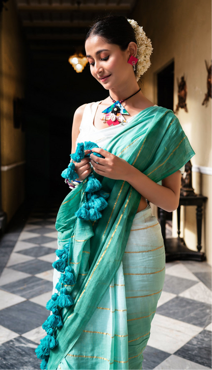 Mul Cotton Saree With Green Ombre Tones Zari