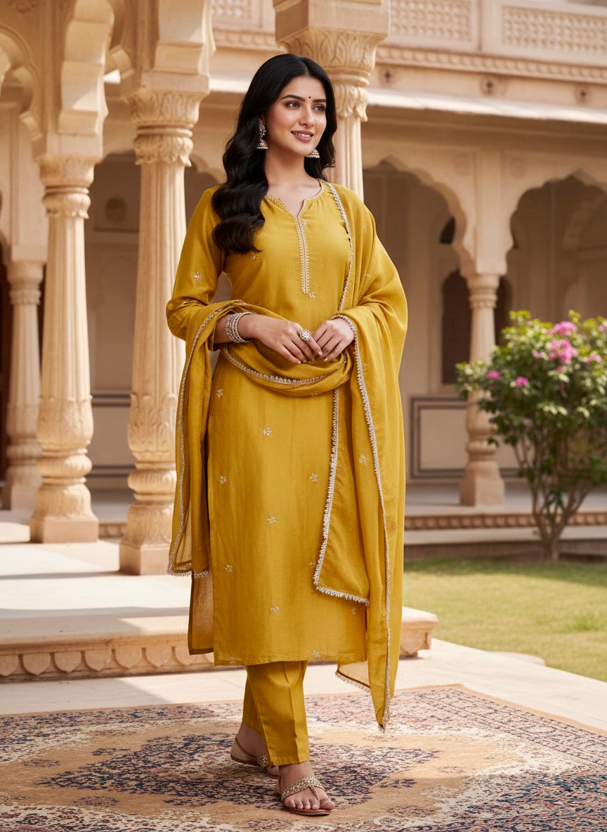 Light Mustard Embroidered Silk Kurta with Dupatta Set | silk kurta set for women | Frontside full view